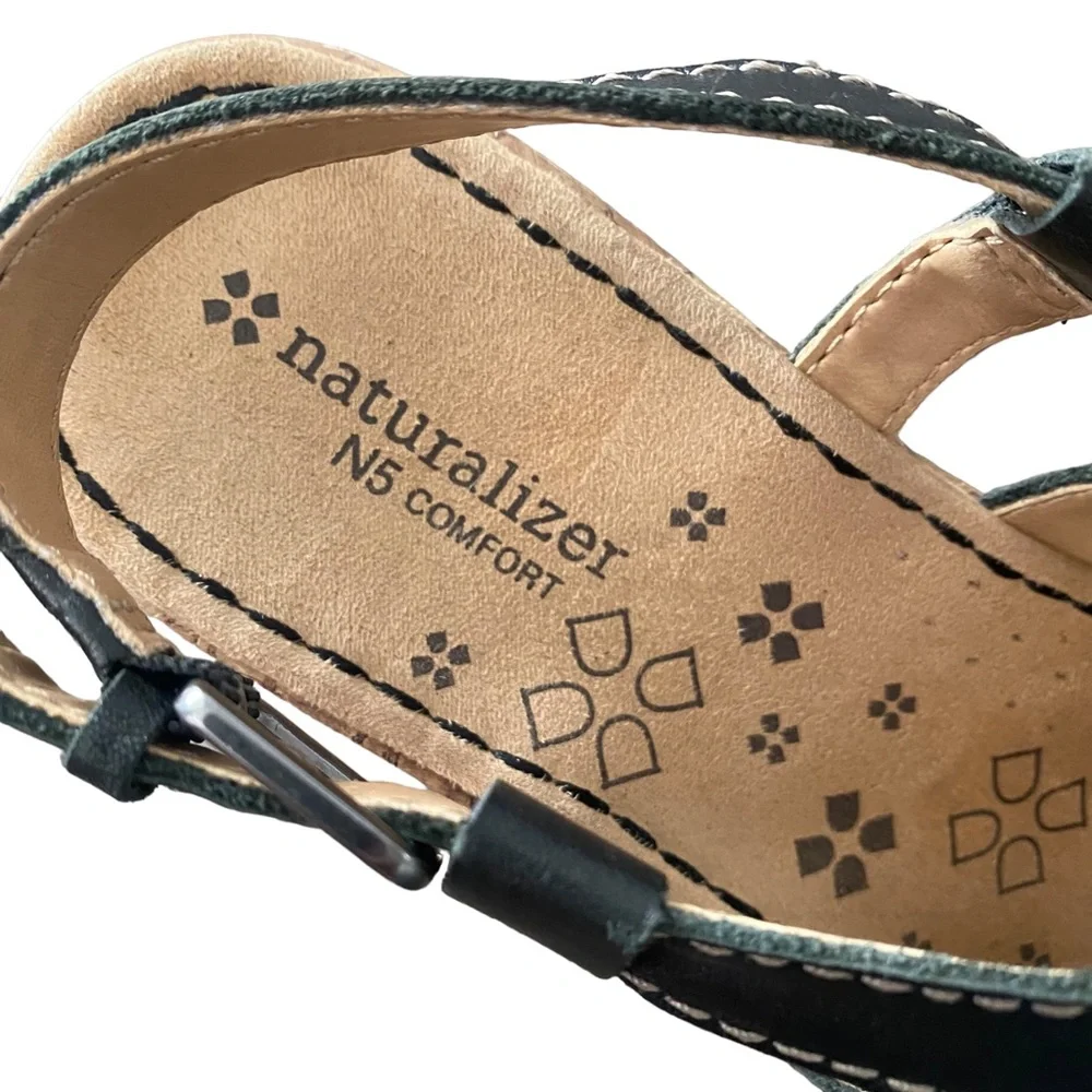 Naturalizer N5 Comfort Black Leather Strappy Cork Wedge Heel Sandal 9.5
